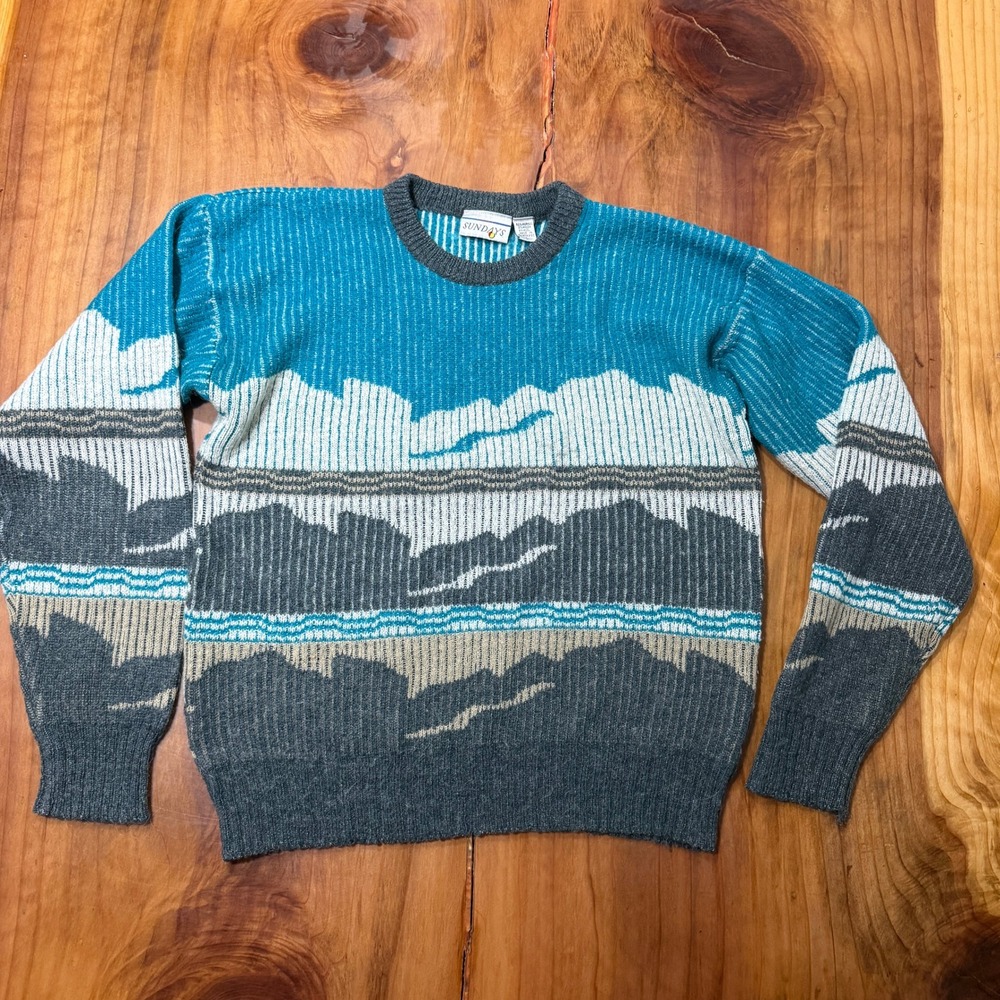 Vintage 90s Saturdays Mens Sweater L Acrylic Novelty Print Clouds Mountain XX17